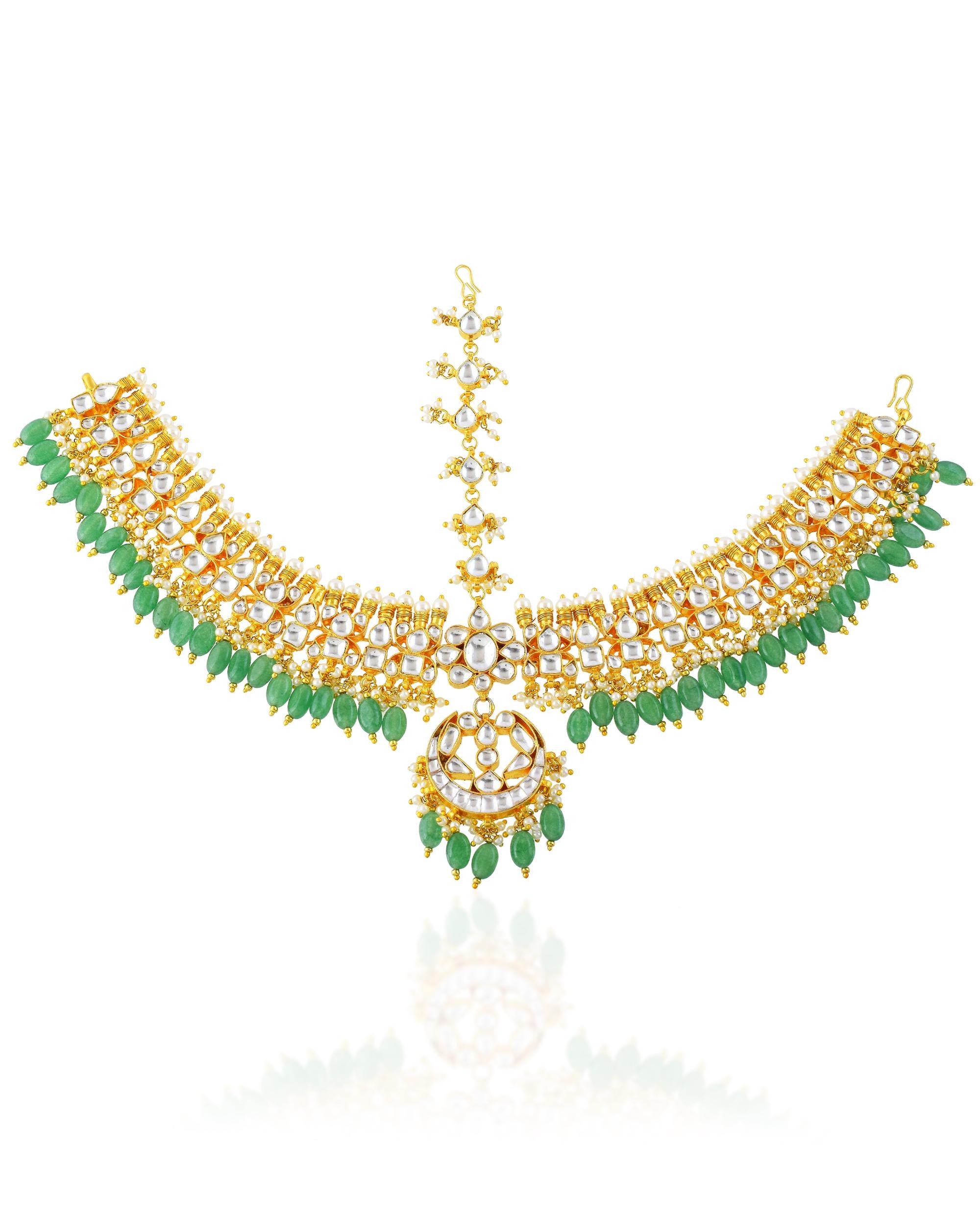 Kundan Polki Sheeshpatti with Green Beads | Indian Bridal Headpiece, Mughal Style Maang Tikka