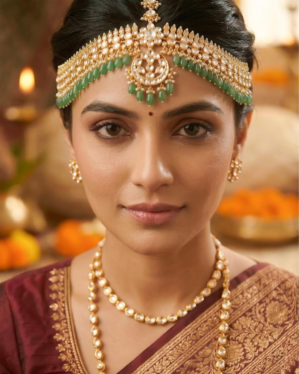 Kundan Polki Sheeshpatti with Green Beads | Indian Bridal Headpiece, Mughal Style Maang Tikka