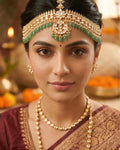 Kundan Polki Sheeshpatti with Green Beads | Indian Bridal Headpiece, Mughal Style Maang Tikka