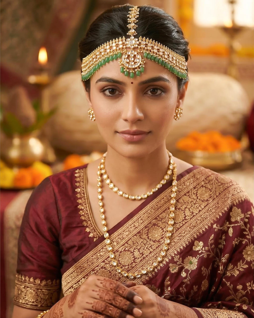 Kundan Polki Sheeshpatti with Green Beads | Indian Bridal Headpiece, Mughal Style Maang Tikka
