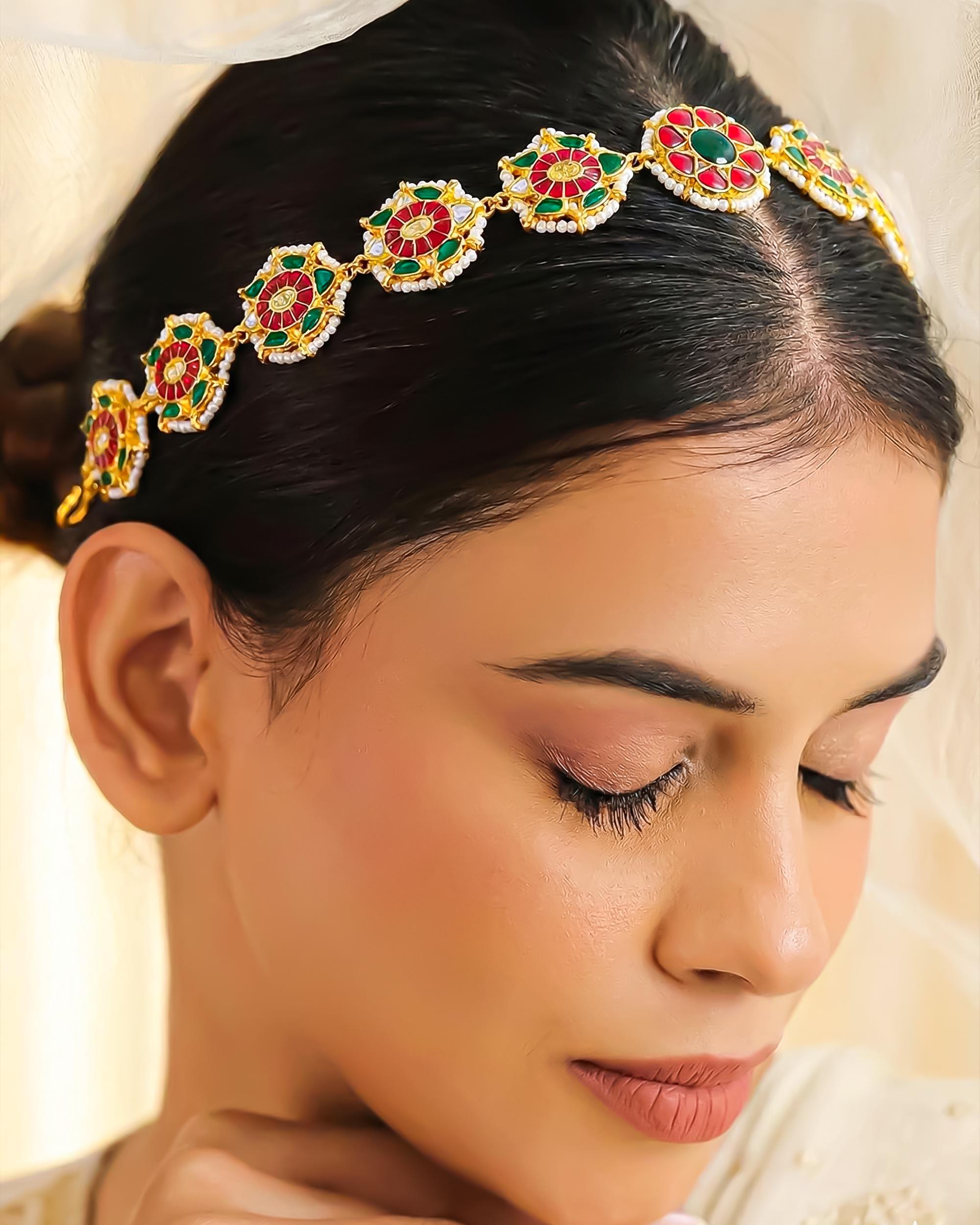 Handcrafted Floral Sheeshpatti: Gold-Tone Temple Jewelry with Ruby Emerald Enamel