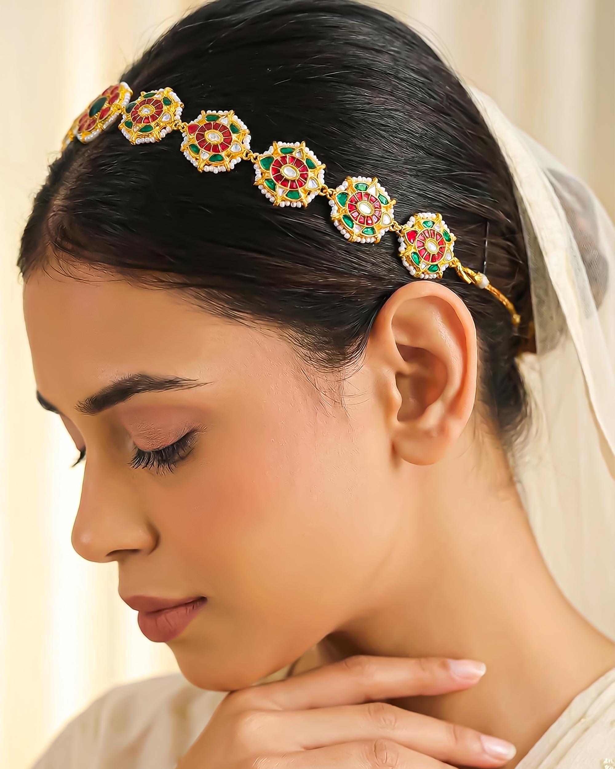 Handcrafted Floral Sheeshpatti: Gold-Tone Temple Jewelry with Ruby Emerald Enamel