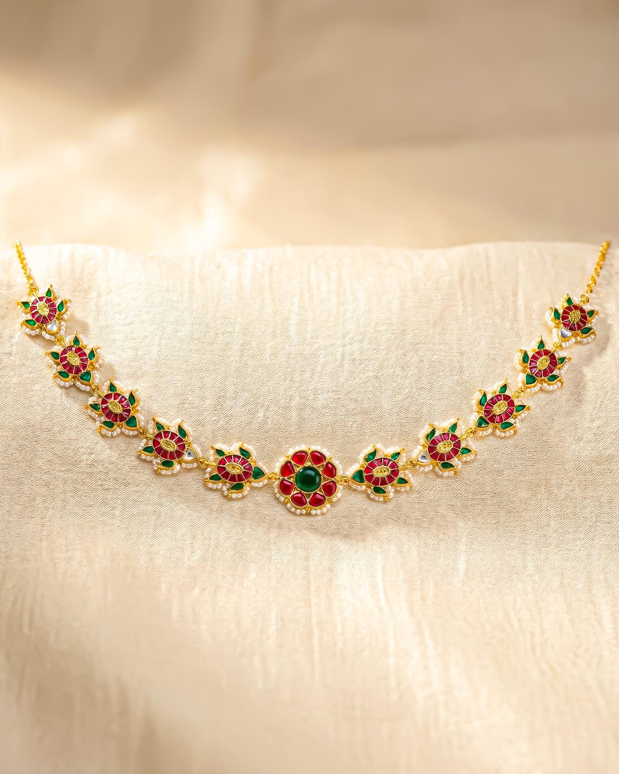 Handcrafted Floral Sheeshpatti: Gold-Tone Temple Jewelry with Ruby Emerald Enamel