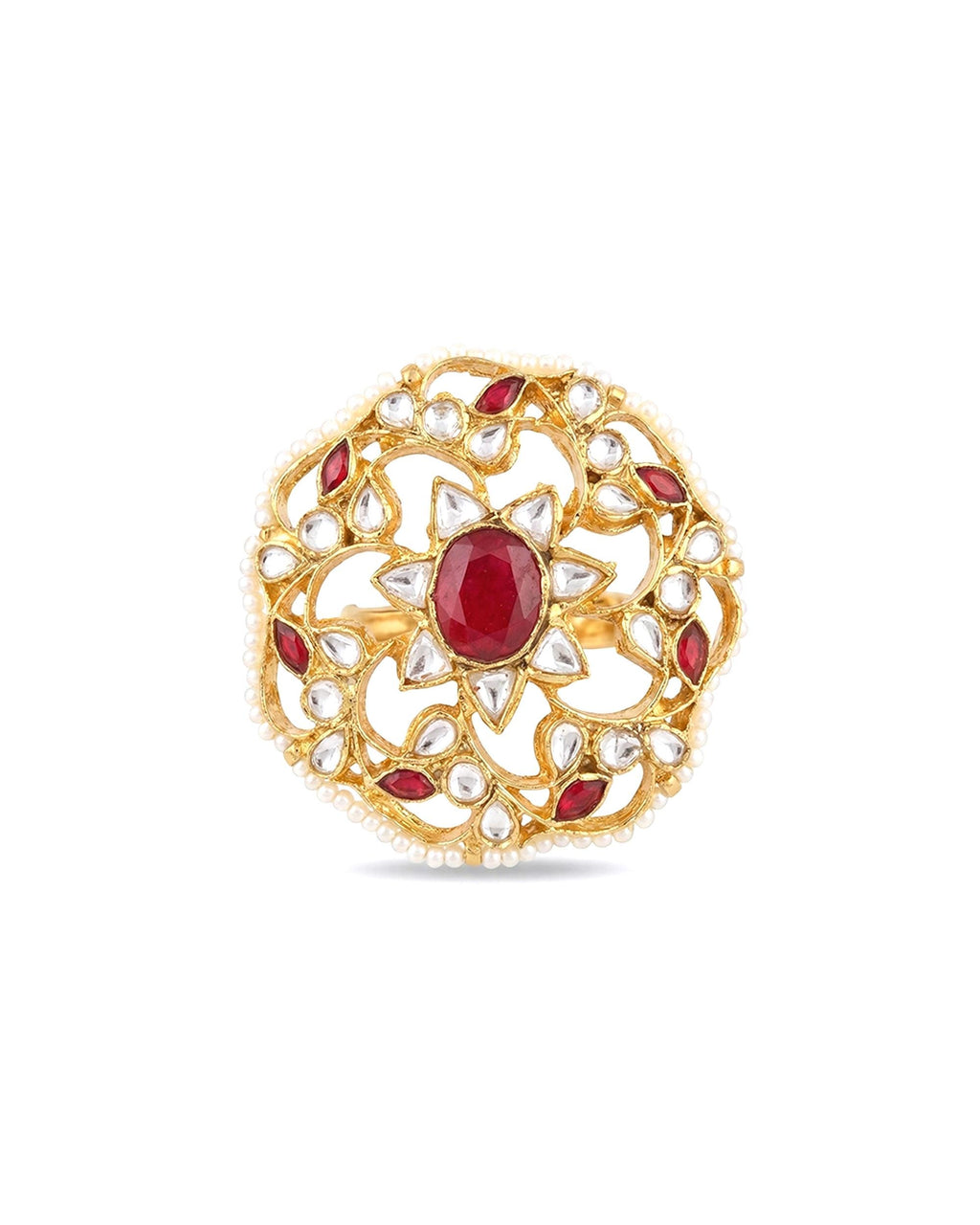 Royal Ruby Polki Ring  Adjustable Kundan Pearl Statement Jewelry