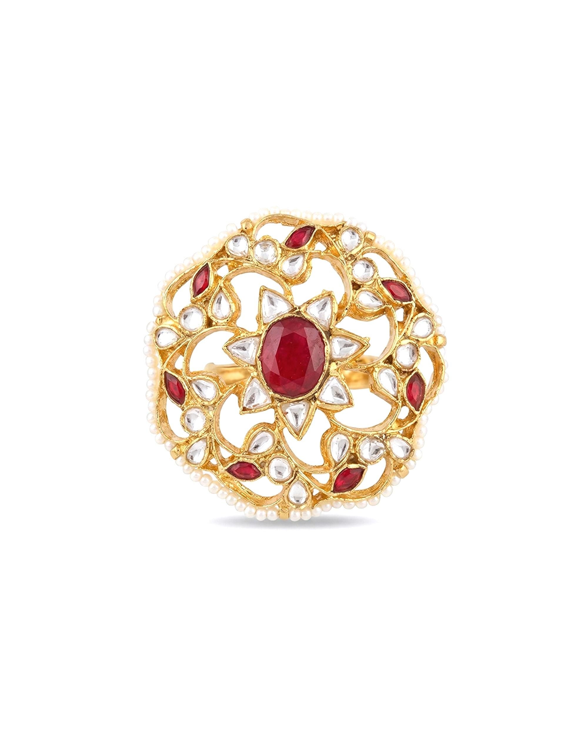 Royal Ruby Polki Ring  Adjustable Kundan Pearl Statement Jewelry