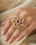 Royal Ruby Polki Ring  Adjustable Kundan Pearl Statement Jewelry