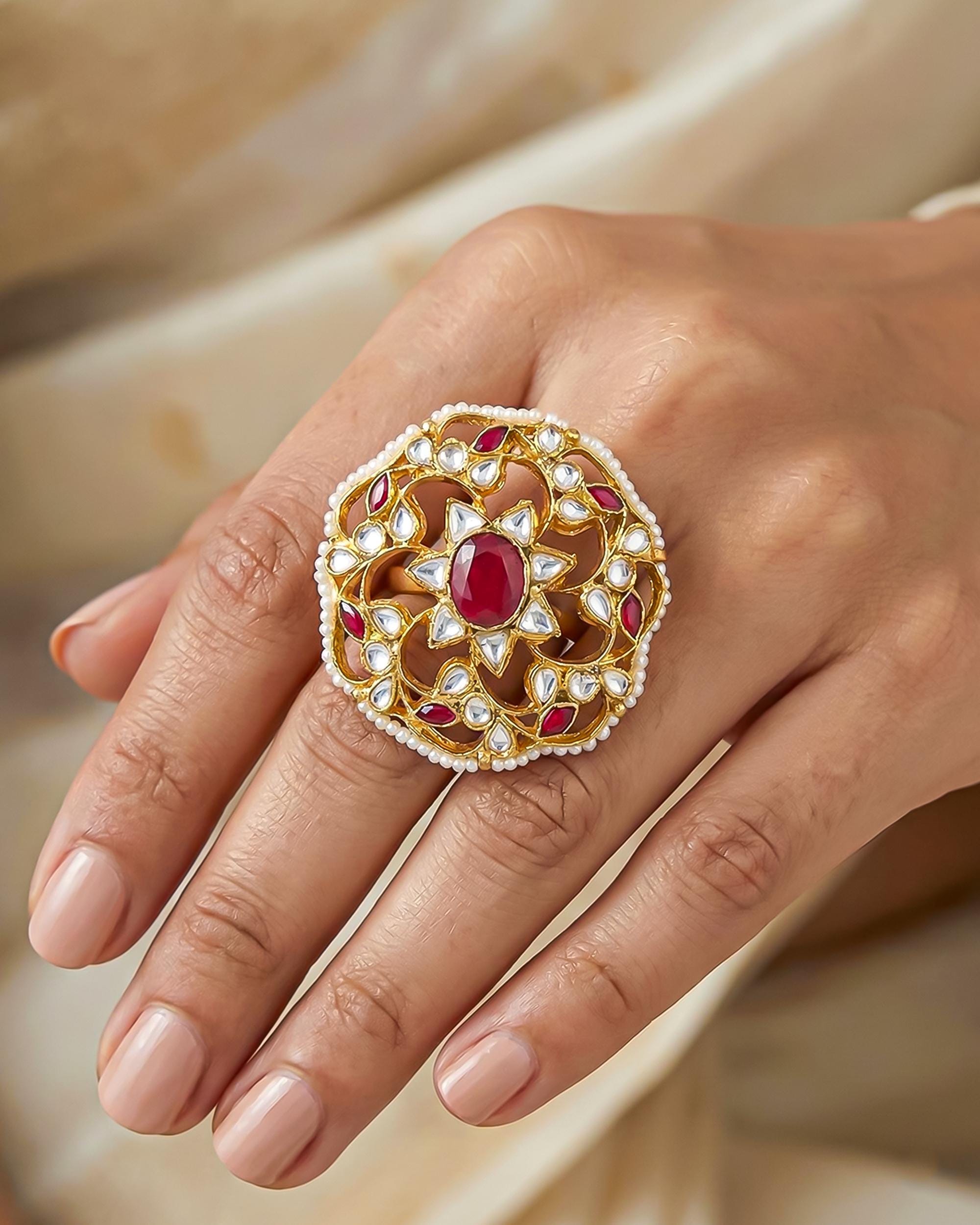 Royal Ruby Polki Ring  Adjustable Kundan Pearl Statement Jewelry