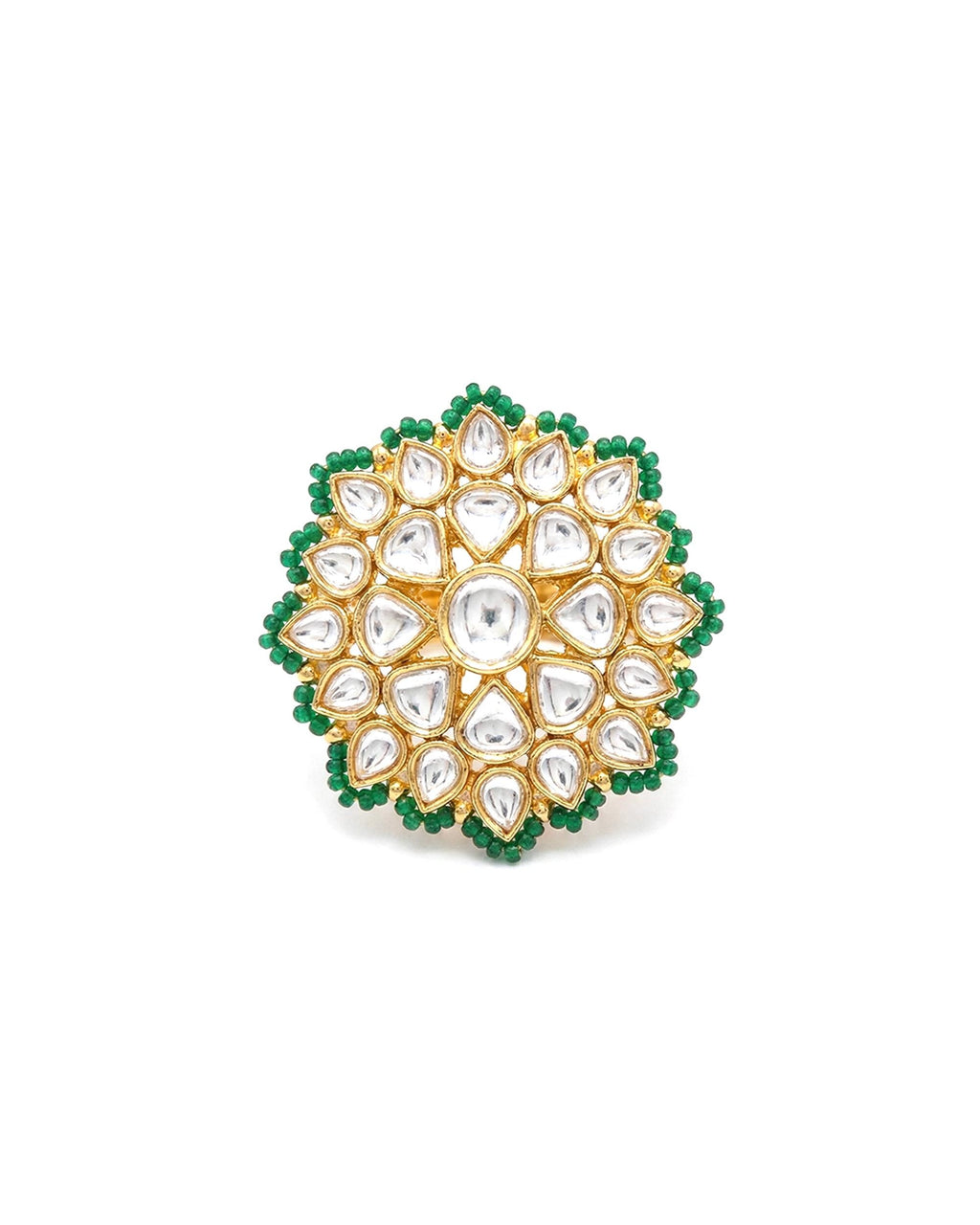 Emerald Halo Kundan Statement Ring, Gold Floral Pachi Polki Jewelry