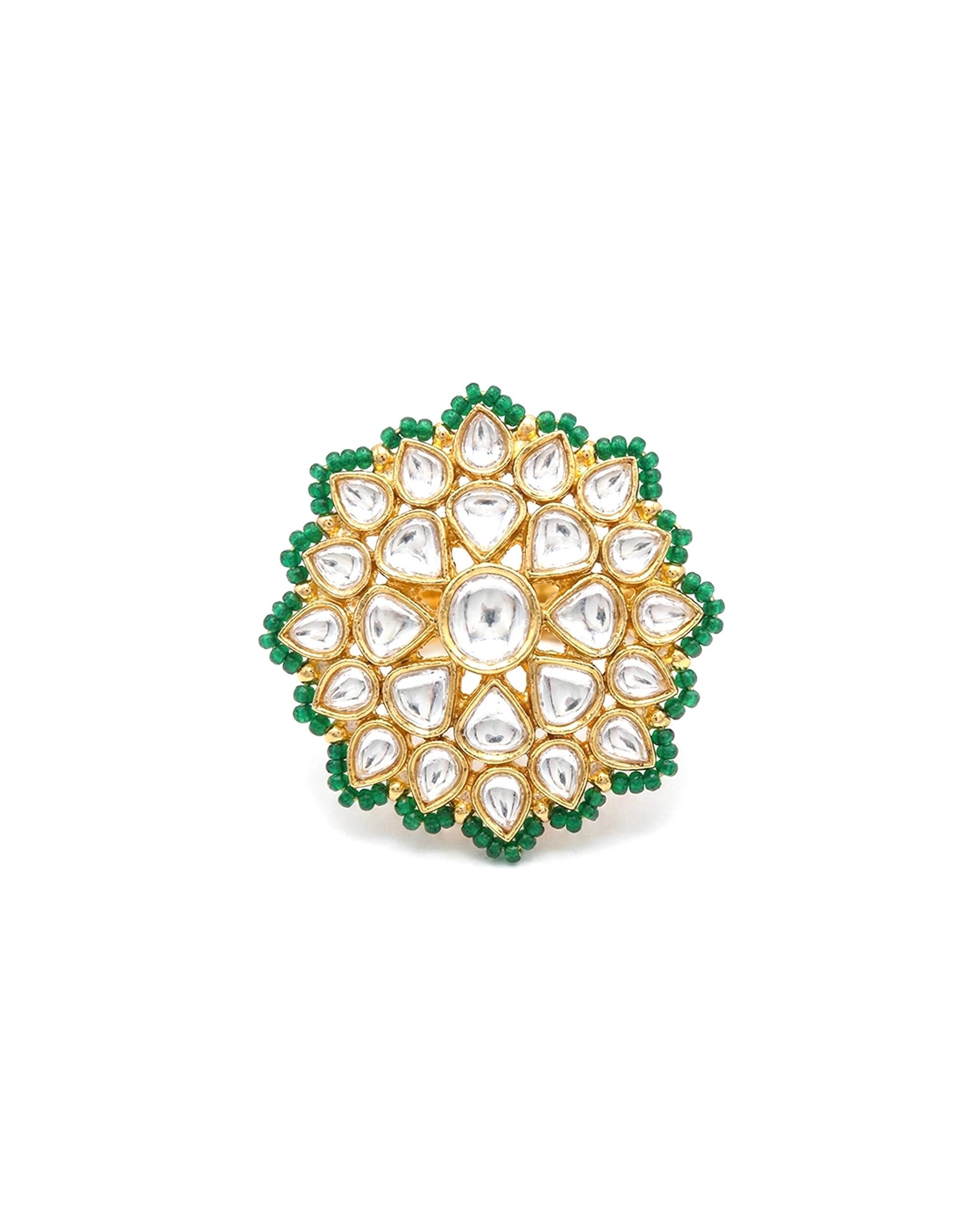 Emerald Halo Kundan Statement Ring, Gold Floral Pachi Polki Jewelry