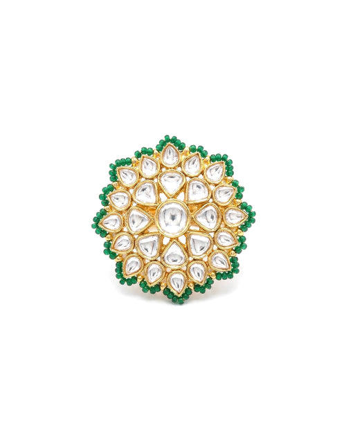 Smaragd-Heiligenschein Kundan Statement Ring, goldener floraler Pachi Polki Schmuck