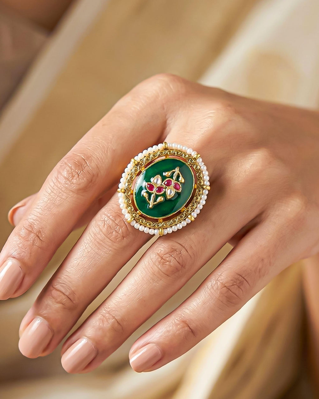 Emerald Meenakari Kundan Statement Ring, Antique Gold Floral Medallion, Pearl Border