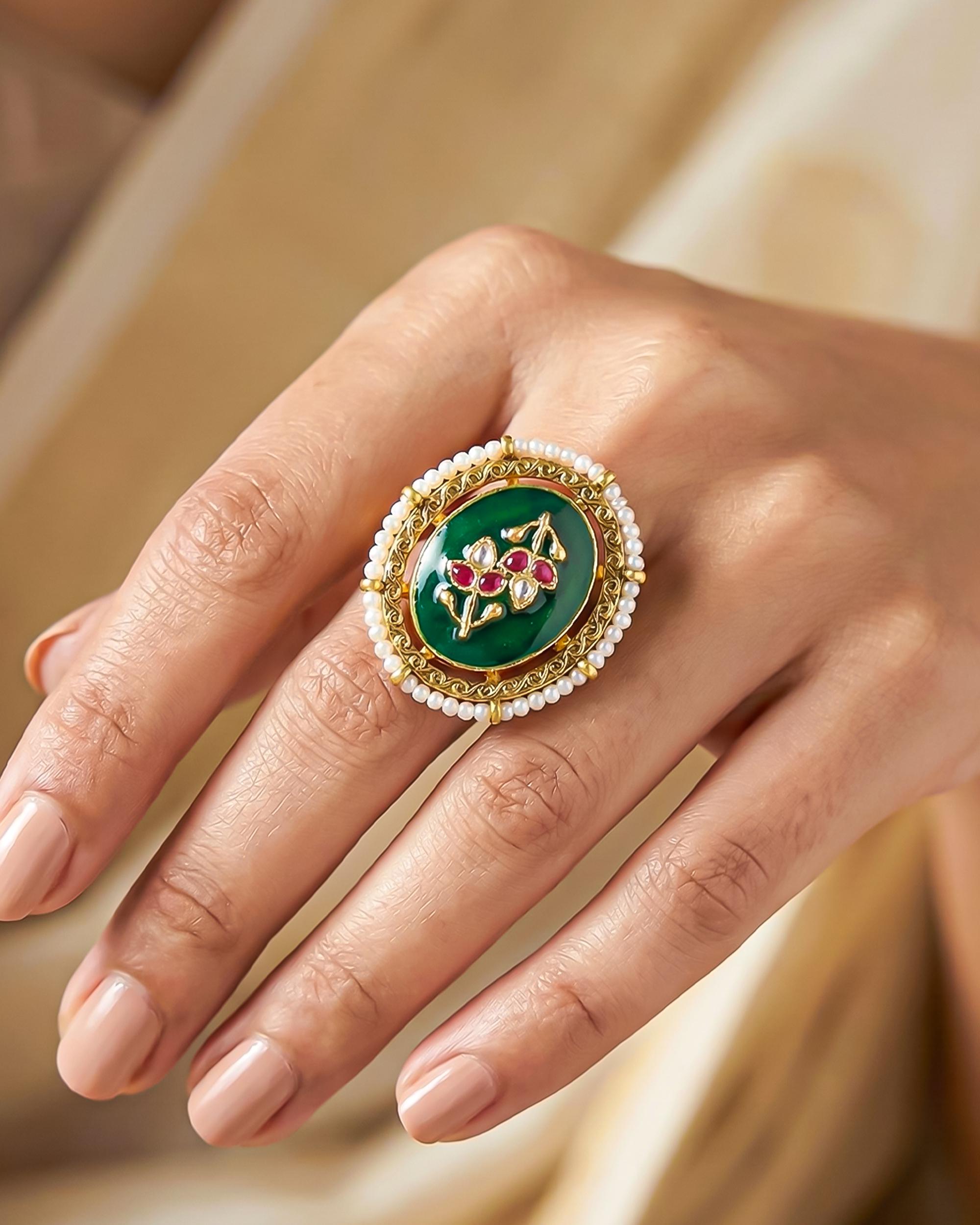 Emerald Meenakari Kundan Statement Ring, Antique Gold Floral Medallion, Pearl Border