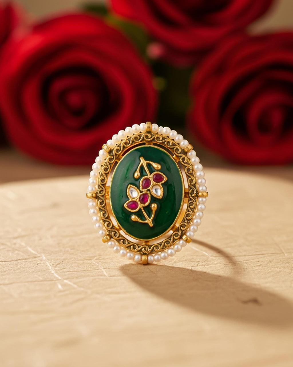 Emerald Meenakari Kundan Statement Ring, Antique Gold Floral Medallion, Pearl Border