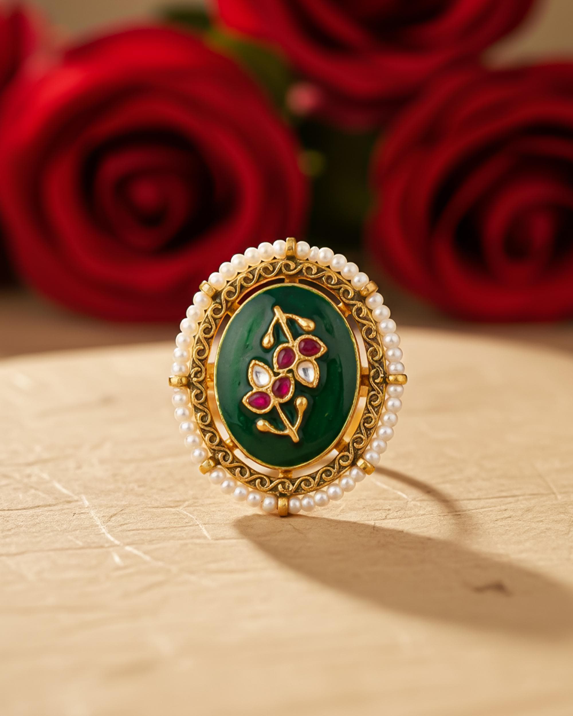 Emerald Meenakari Kundan Statement Ring, Antique Gold Floral Medallion, Pearl Border