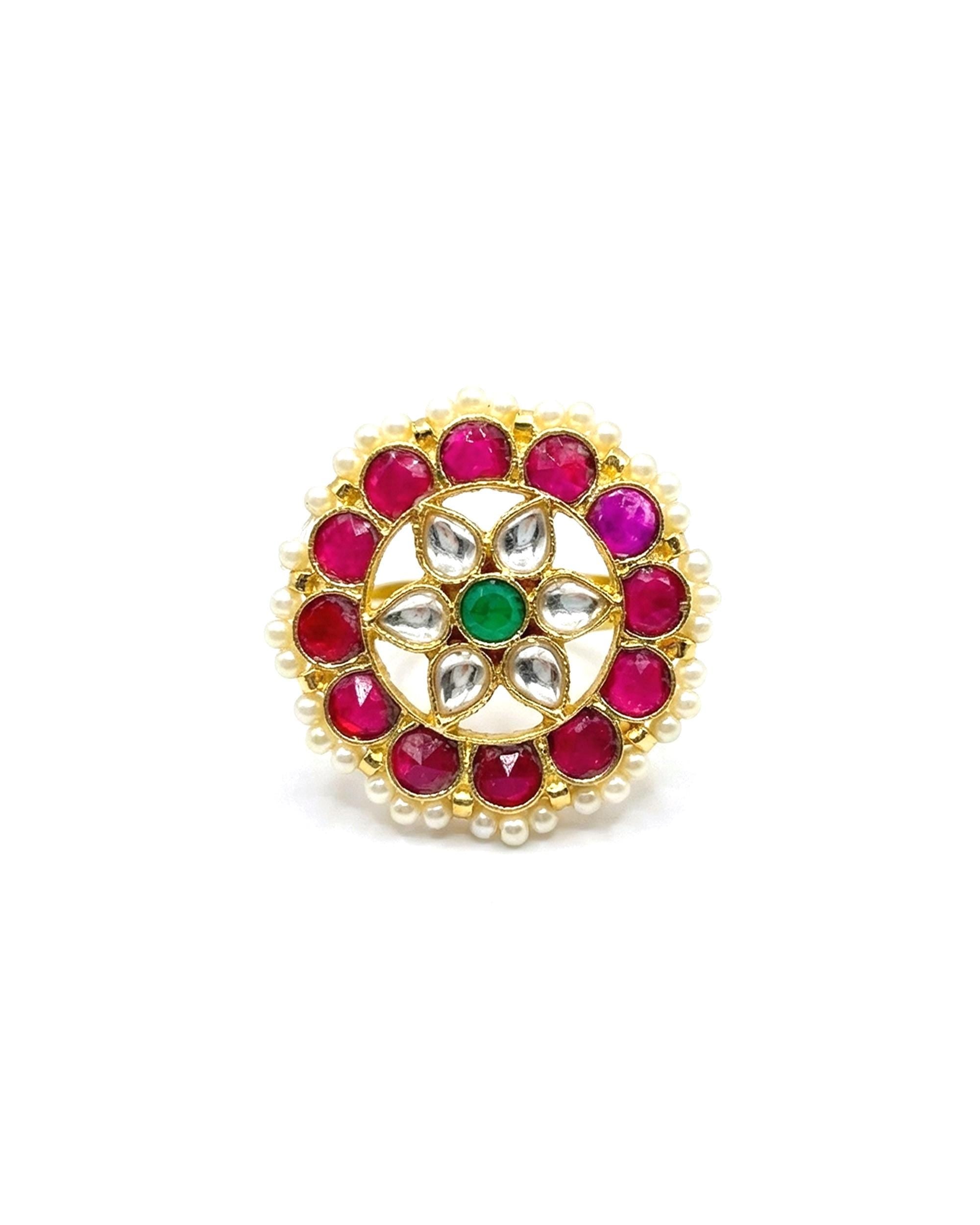Tricolor Kundan Statement Ring, Emerald Ruby Floral Pearl Adjustable Band