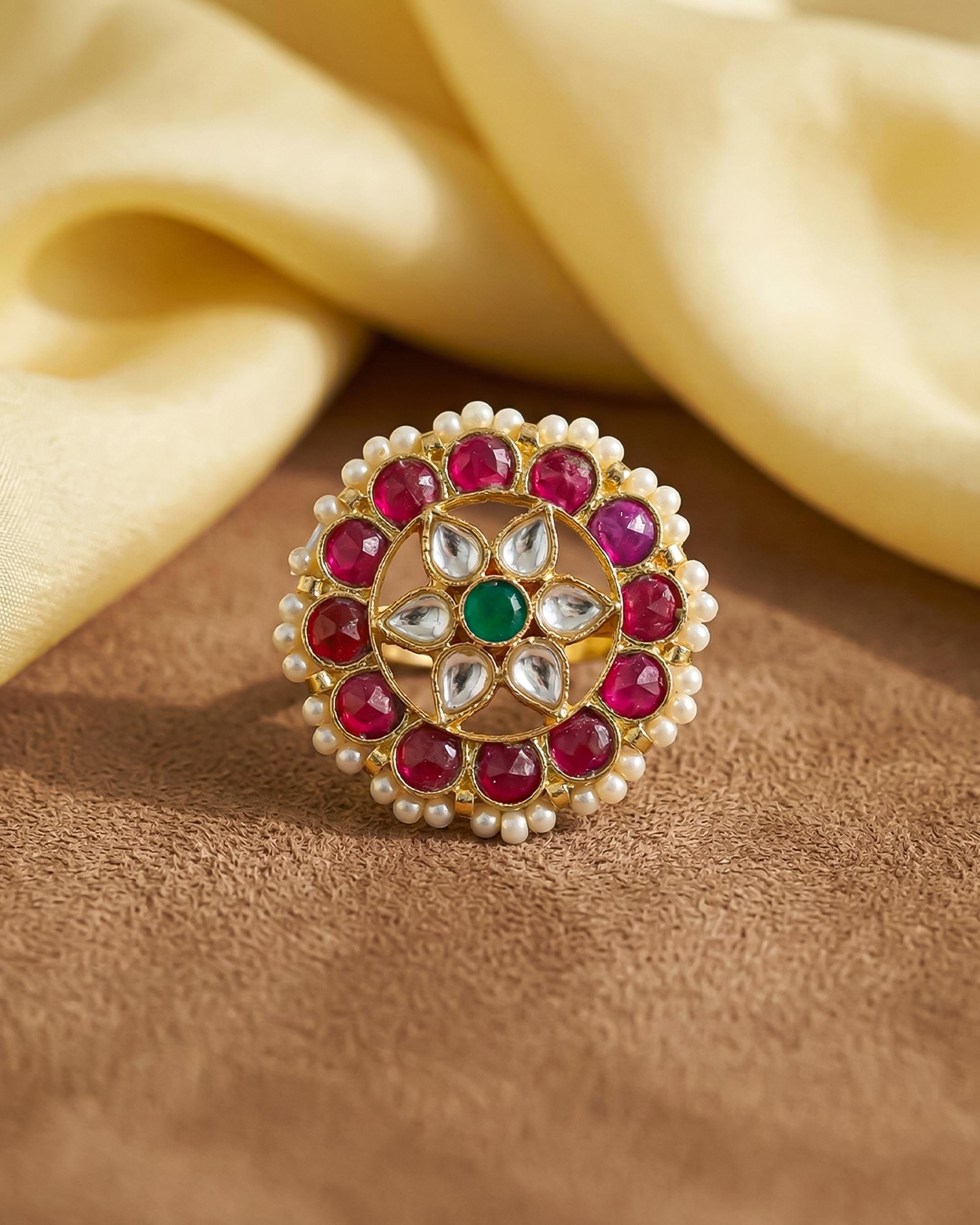 Tricolor Kundan Statement Ring, Emerald Ruby Floral Pearl Adjustable Band