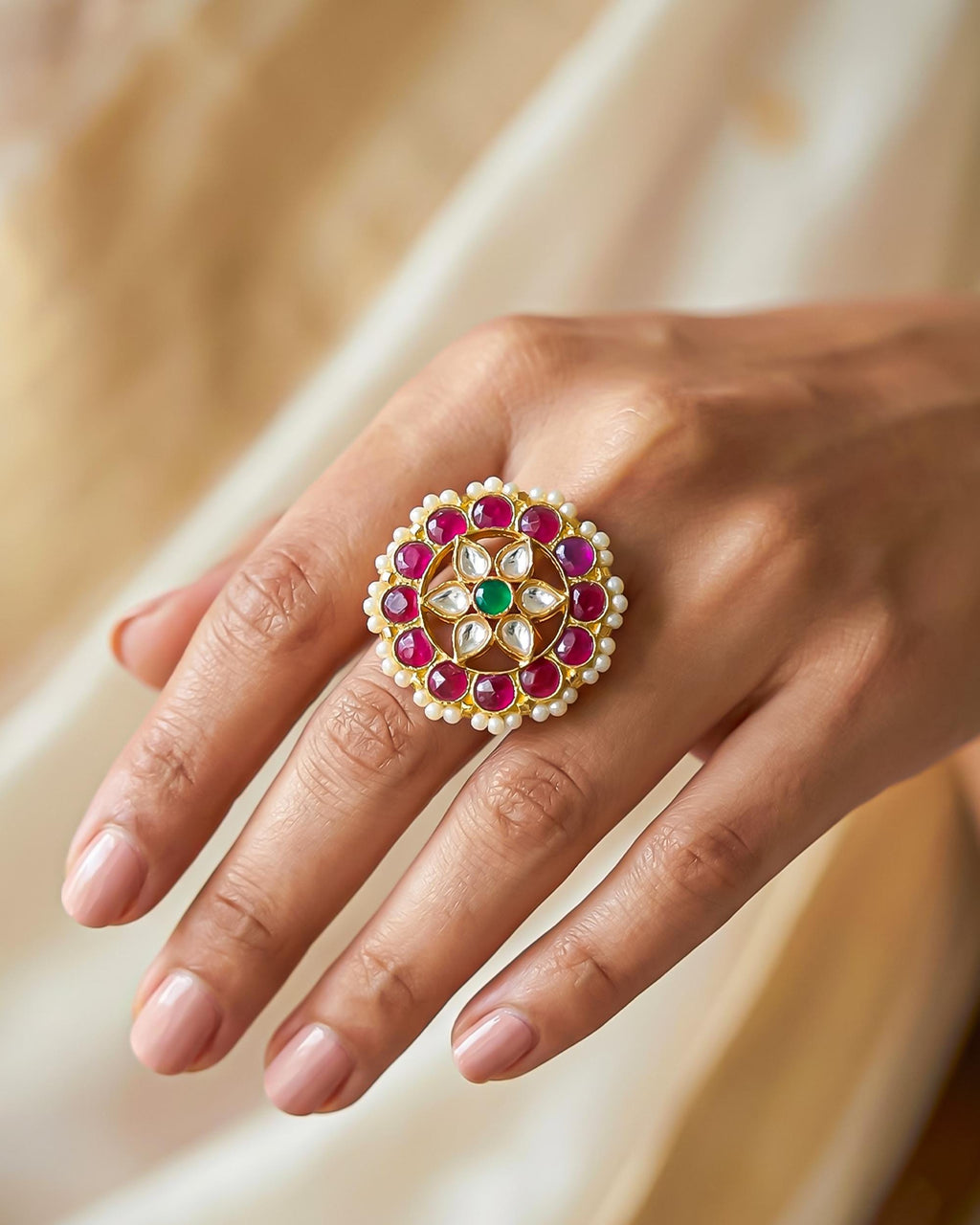 Tricolor Kundan Statement Ring, Emerald Ruby Floral Pearl Adjustable Band