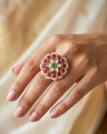 Tricolor Kundan Statement Ring, Emerald Ruby Floral Pearl Adjustable Band