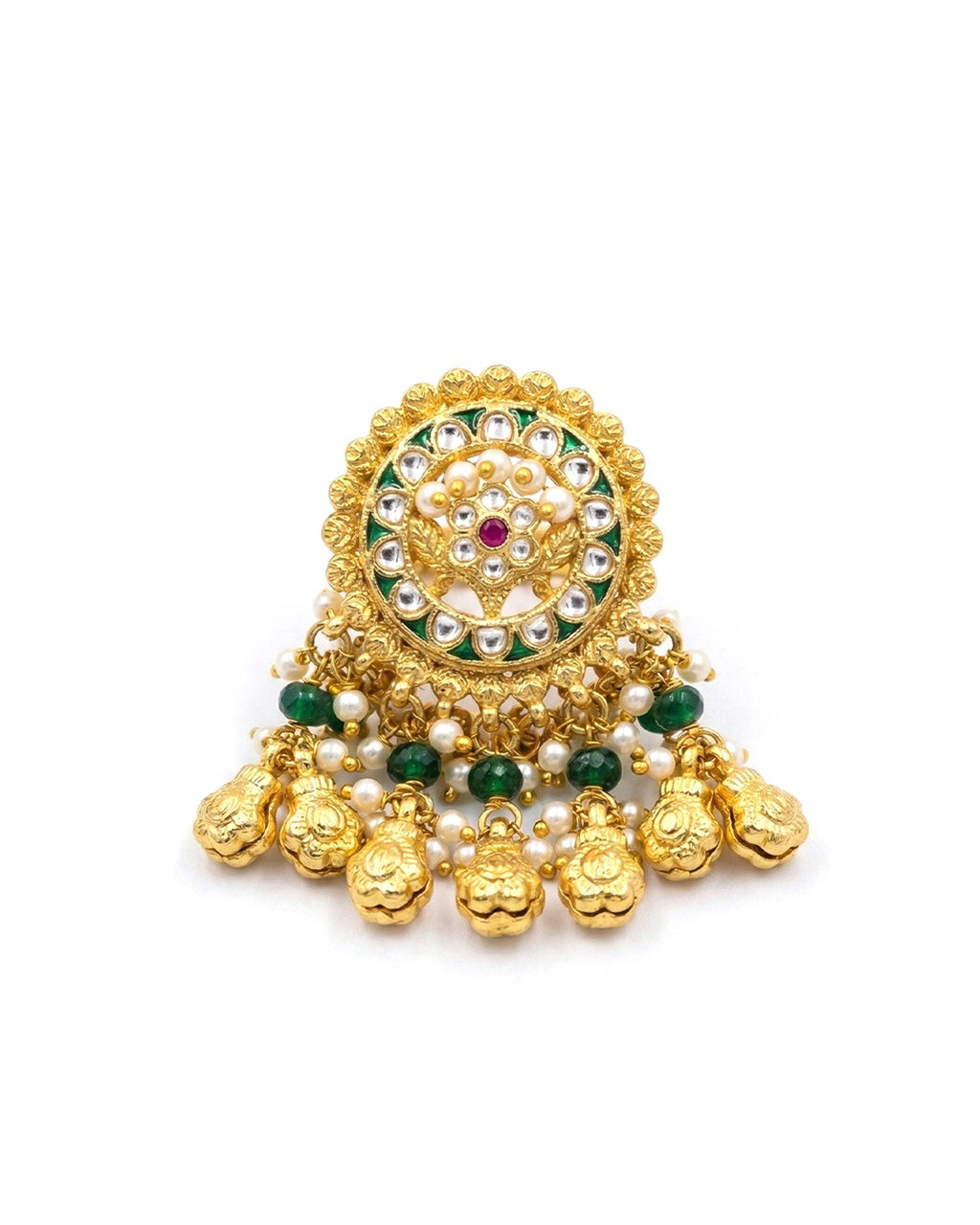 Royal Meenakari Jhumka Statement Ring, Kundan Pearl Bridal Jewelry, Emerald Ethnic Wedding Ring
