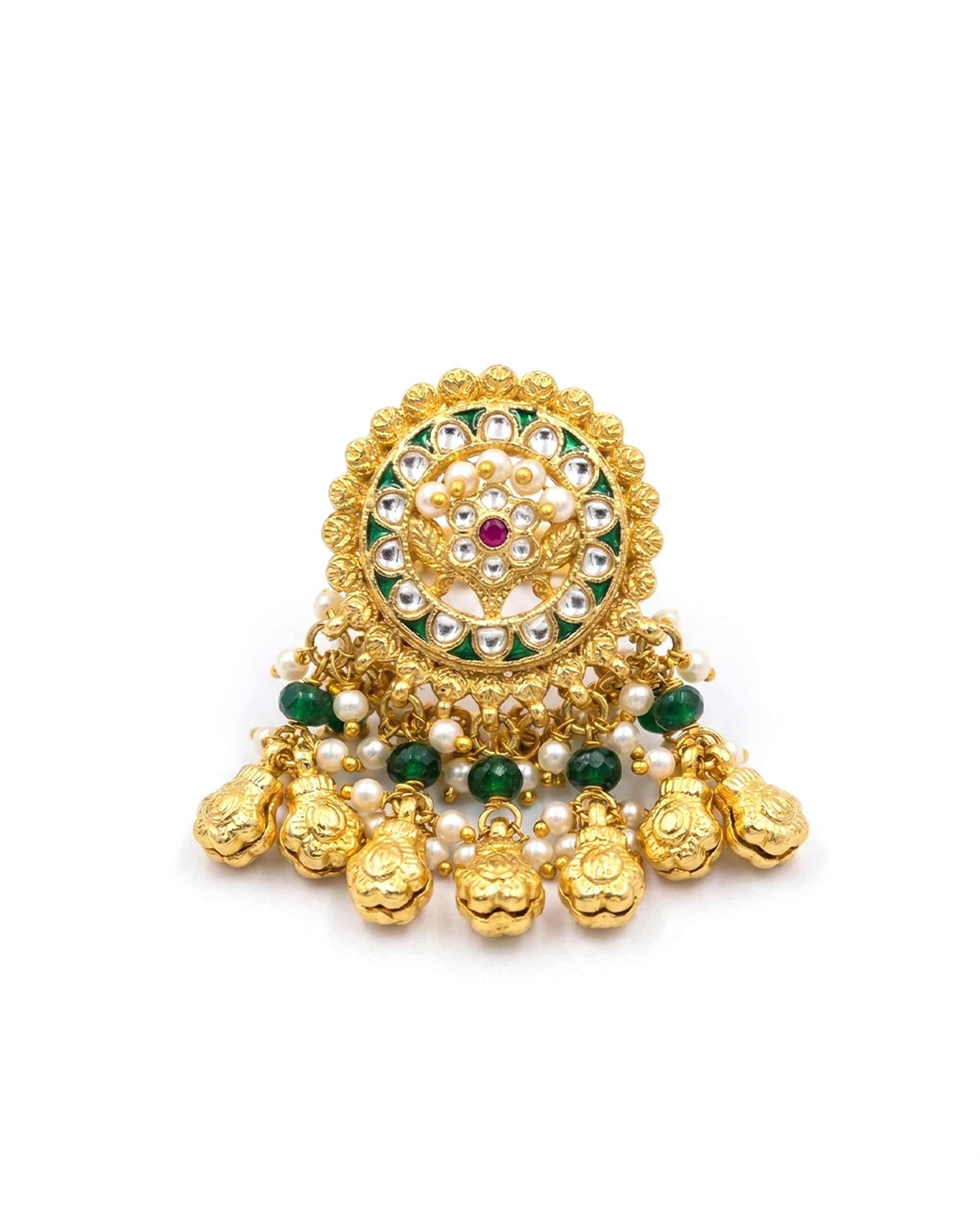 Royal Meenakari Jhumka Statement Ring, Kundan Pearl Bridal Jewelry, Emerald Ethnic Wedding Ring