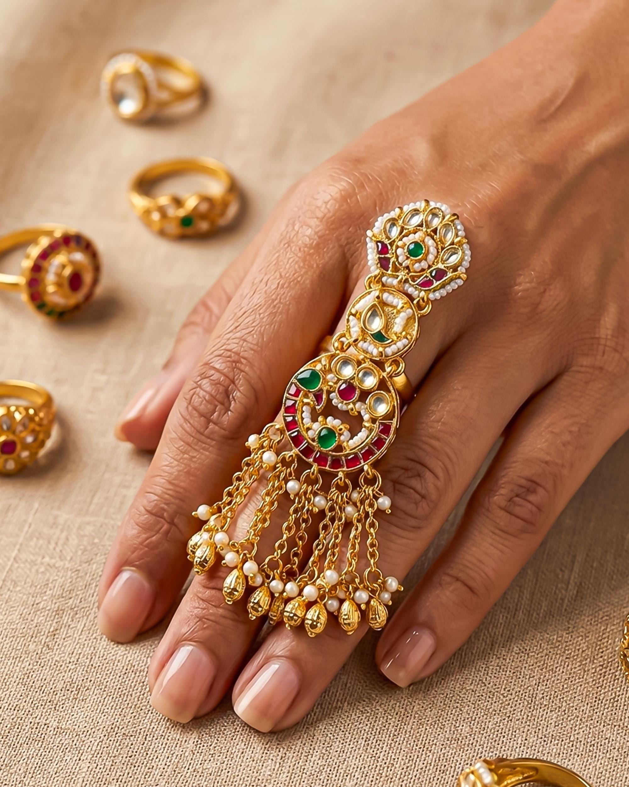 Kundan Statement Ring with Pearl Latkan | Gold Polki Bridal Wedding Jewelry