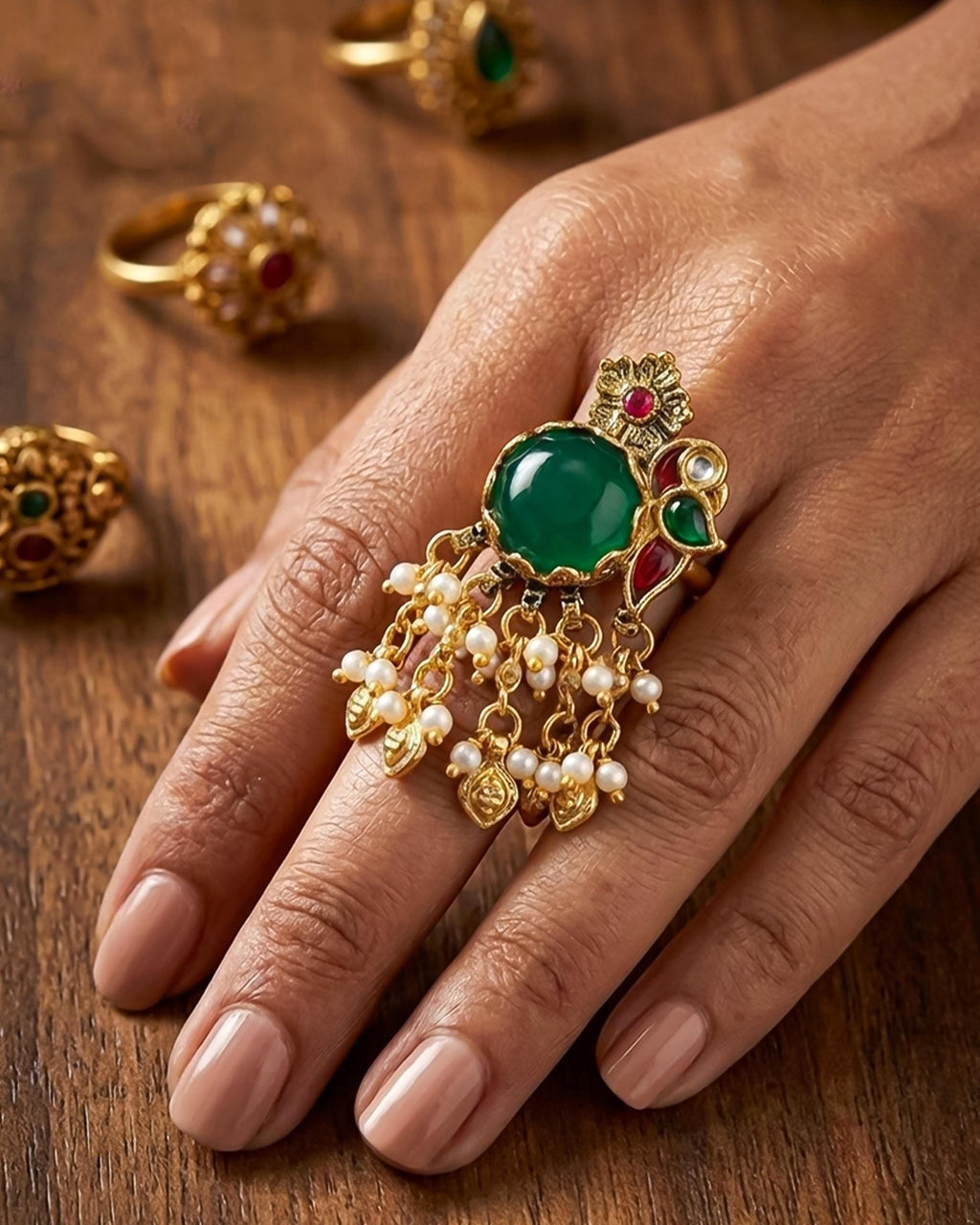 Antique ring Antique Green Stone Statement Ring with Pearl Latkan | Ethnic Gold Tone Bridal Jewelry
