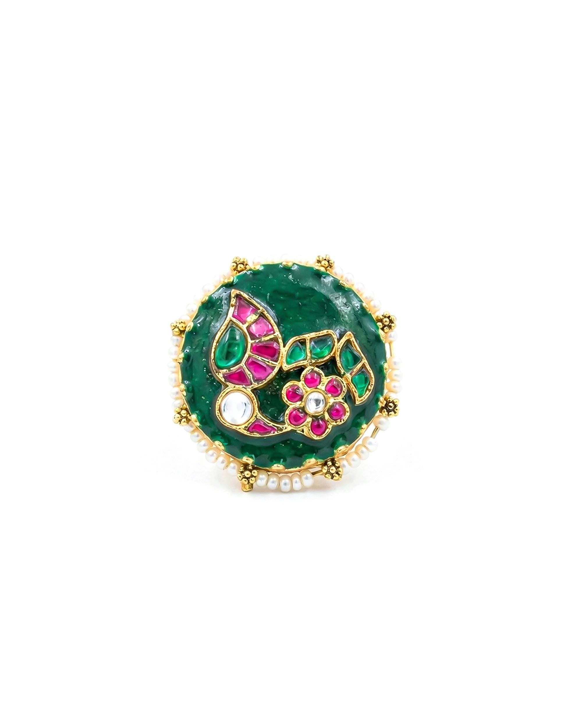 Green Meenakari Statement Ring with Pearl Border, Oversized Kundan Ethnic Bridal Jewelry