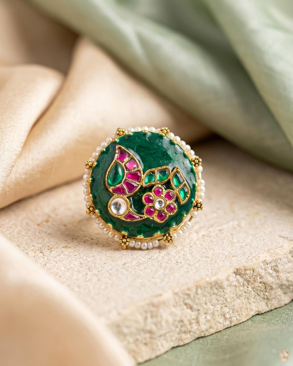Green Meenakari Statement Ring with Pearl Border, Oversized Kundan Ethnic Bridal Jewelry