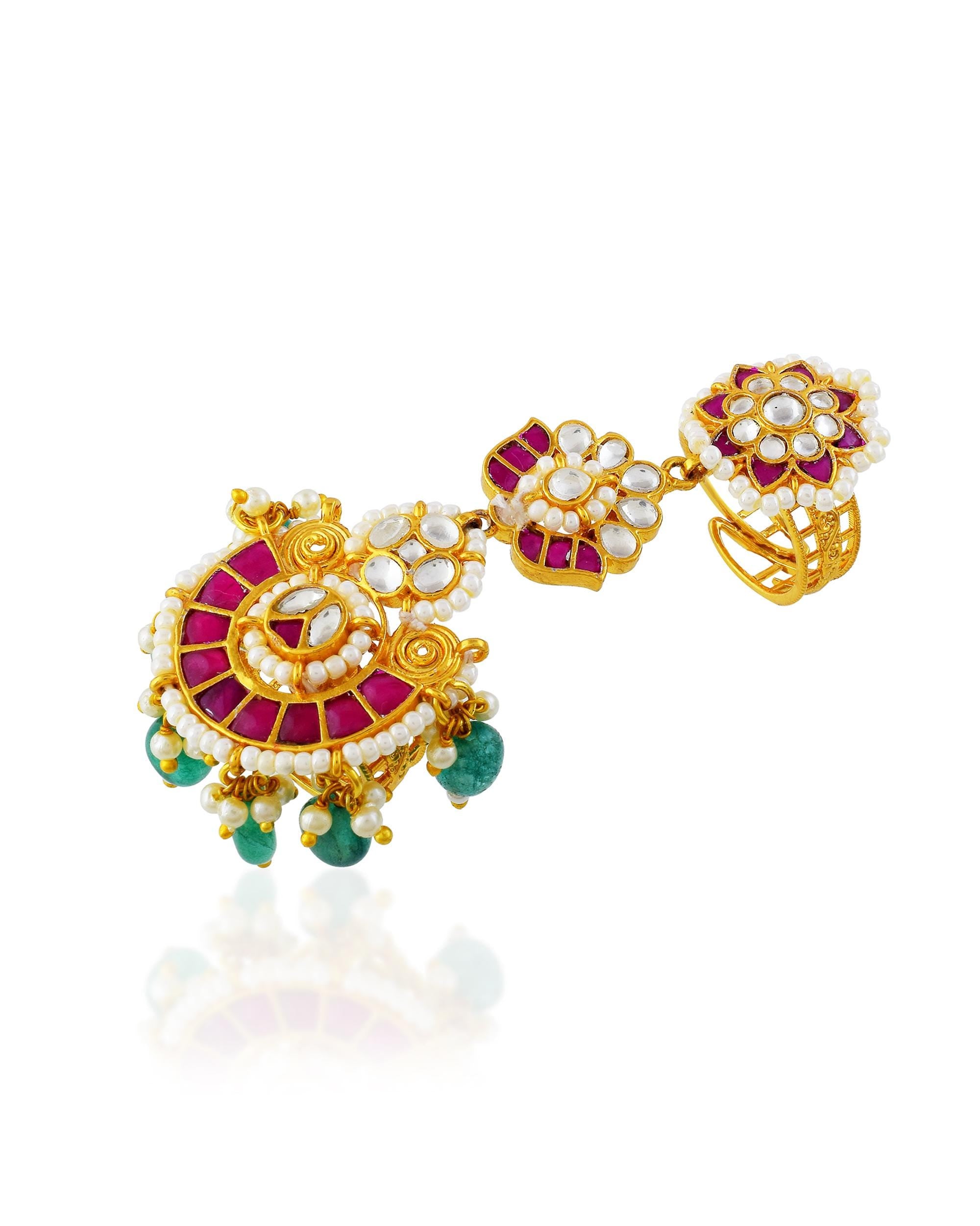 Royal Kundan Hathphool Ring with Green Bead Drops | Gold Tone Bridal Hand Jewelry