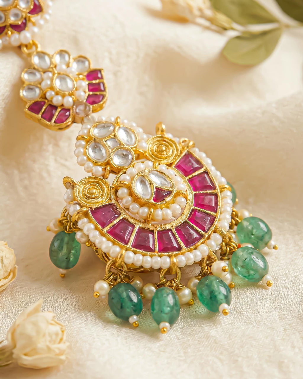 Royal Kundan Hathphool Ring with Green Bead Drops | Gold Tone Bridal Hand Jewelry