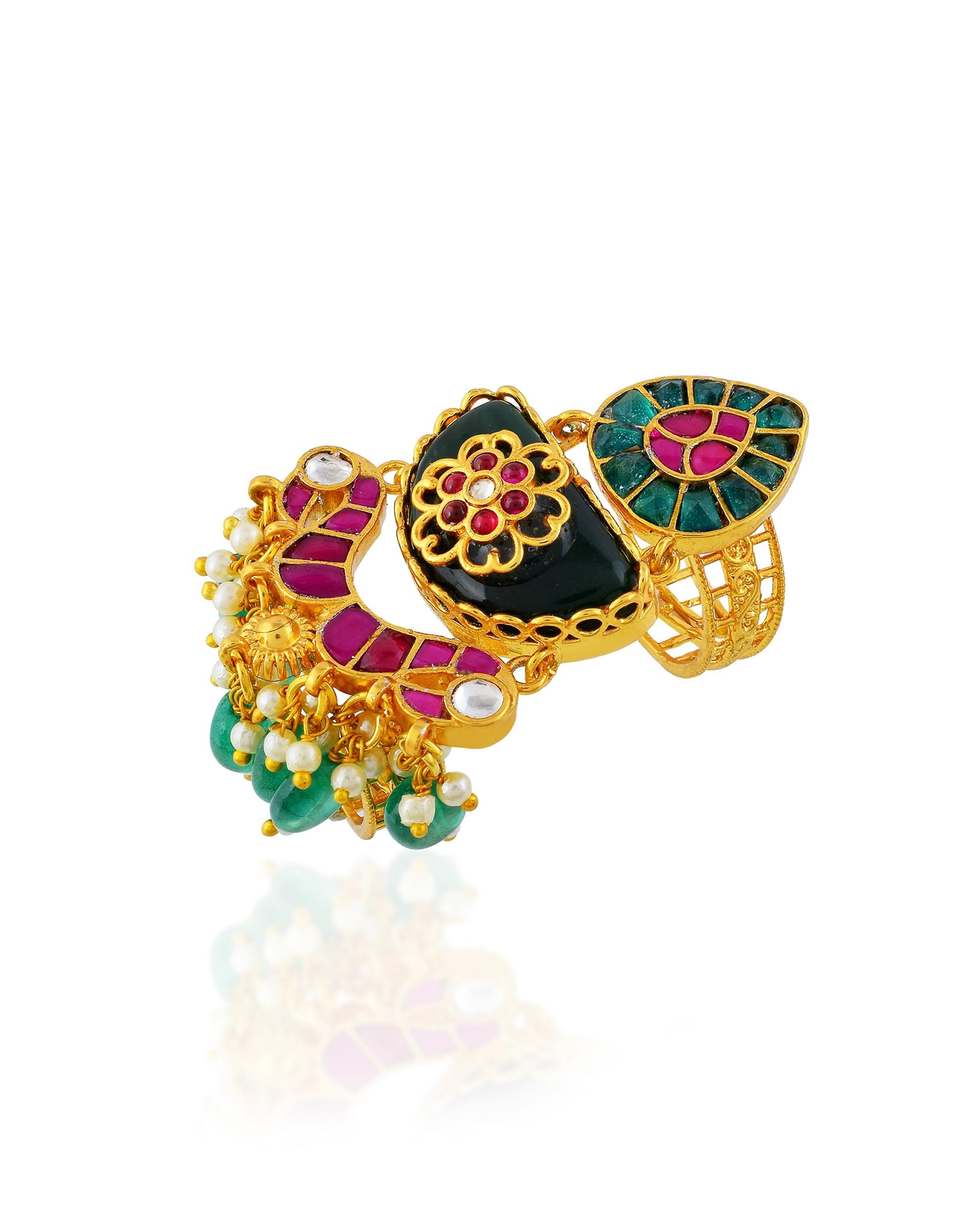 Meenakari Kundan Ring with Green Pearl Latkan | Gold Polki Statement Adjustable Ethnic Bridal Jewelry