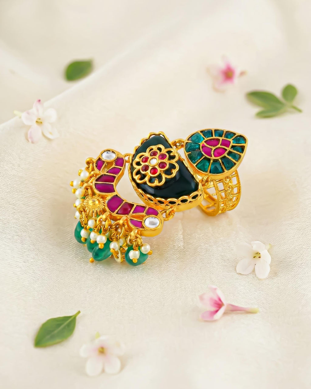 Meenakari Kundan Ring with Green Pearl Latkan | Gold Polki Statement Adjustable Ethnic Bridal Jewelry