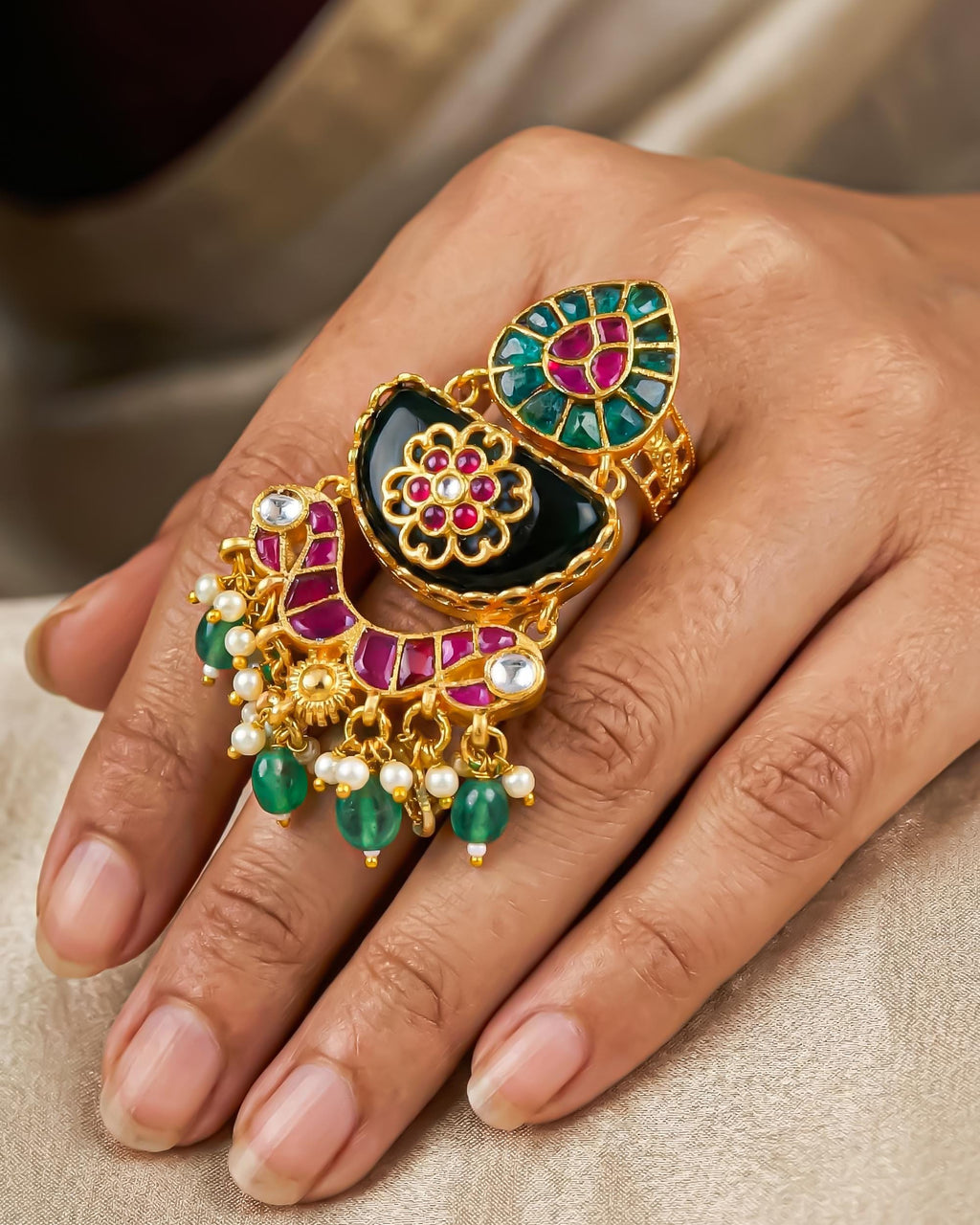 Meenakari Kundan Ring with Green Pearl Latkan | Gold Polki Statement Adjustable Ethnic Bridal Jewelry