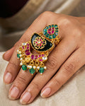 Meenakari Kundan Ring with Green Pearl Latkan | Gold Polki Statement Adjustable Ethnic Bridal Jewelry