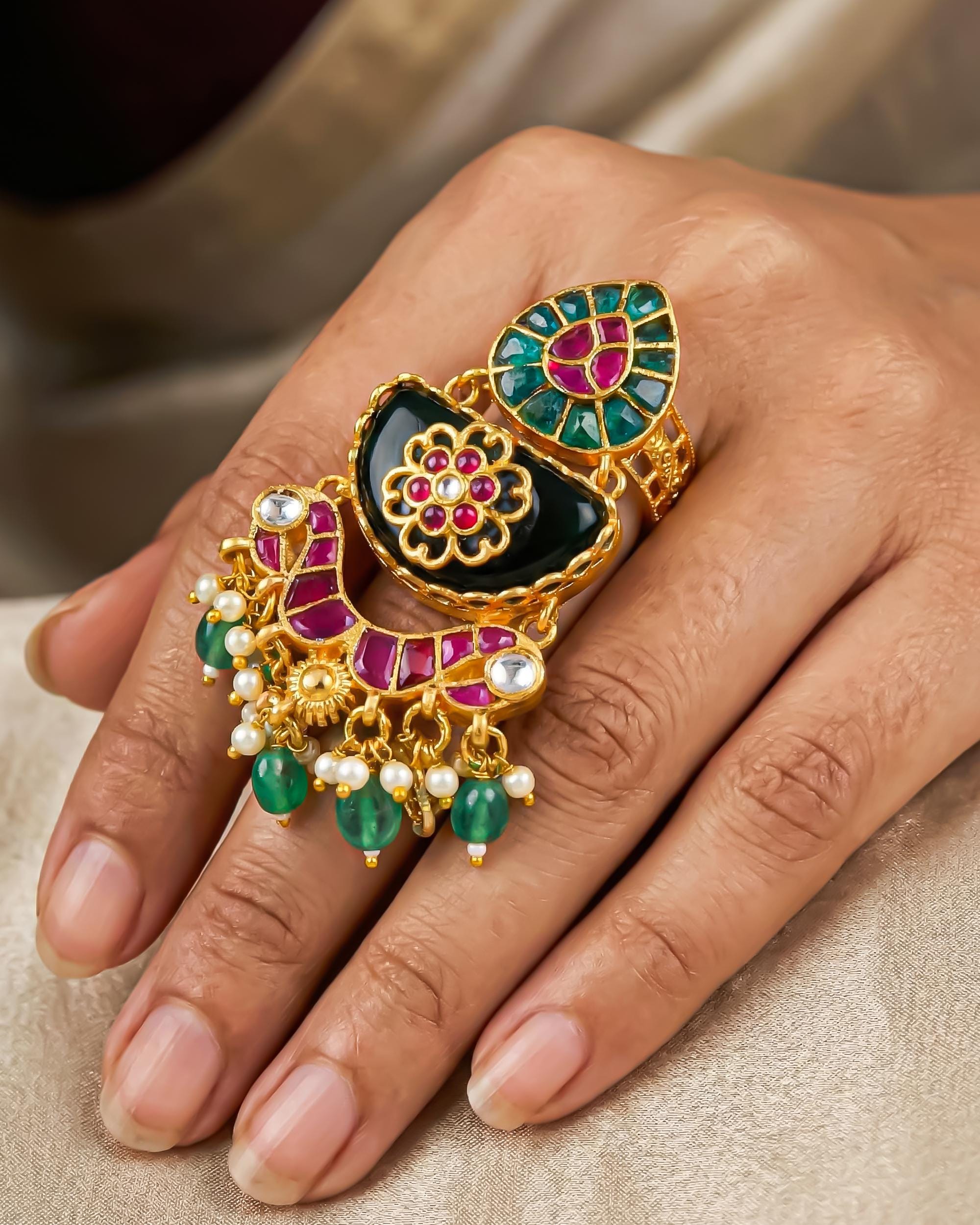 Meenakari Kundan Ring with Green Pearl Latkan | Gold Polki Statement Adjustable Ethnic Bridal Jewelry
