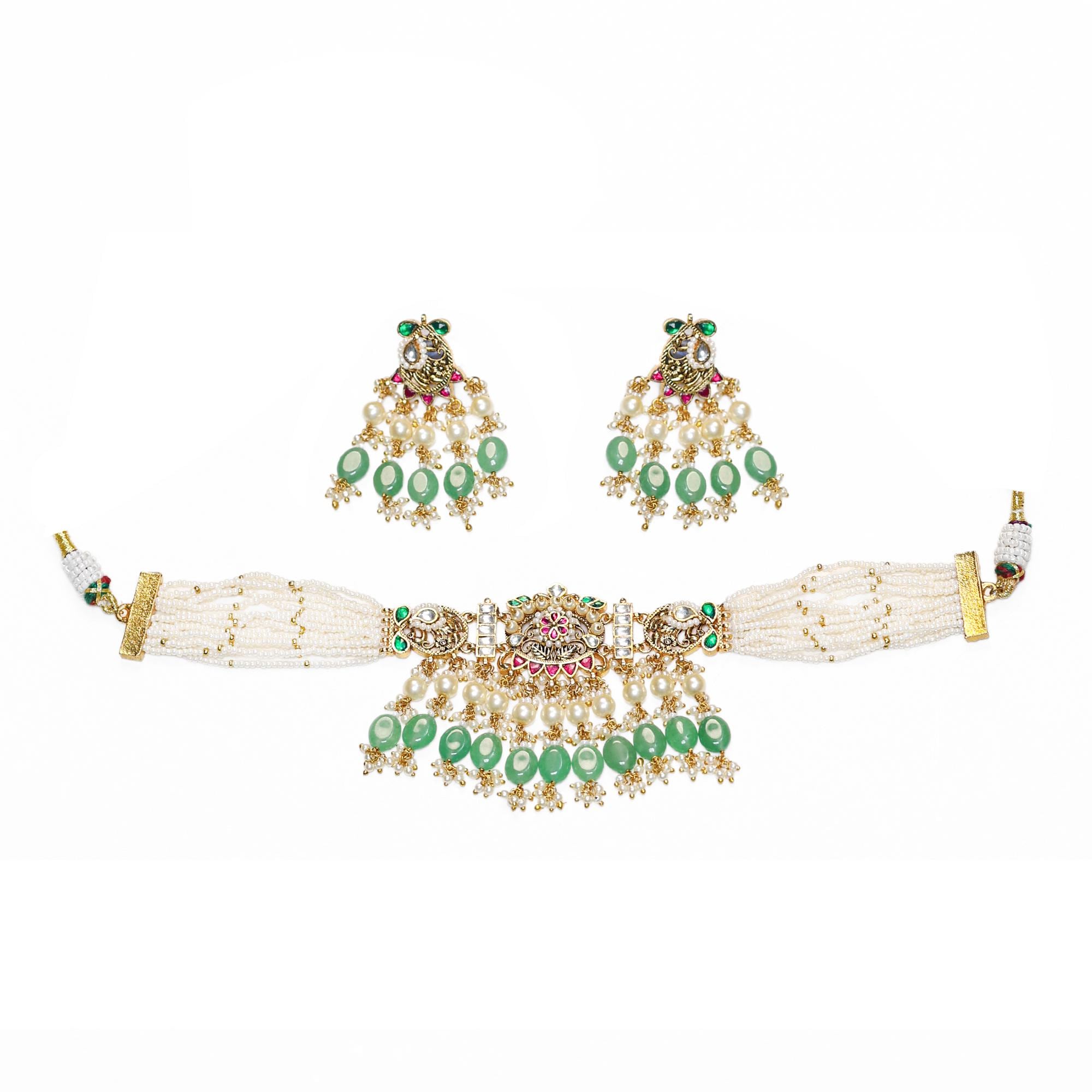 Handcrafted Pearl Meenakari Choker Set, Emerald Green Indian Bridal Jewelry