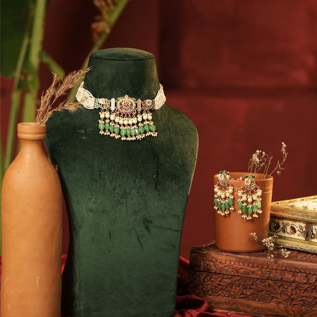 Handcrafted Pearl Meenakari Choker Set, Emerald Green Indian Bridal Jewelry