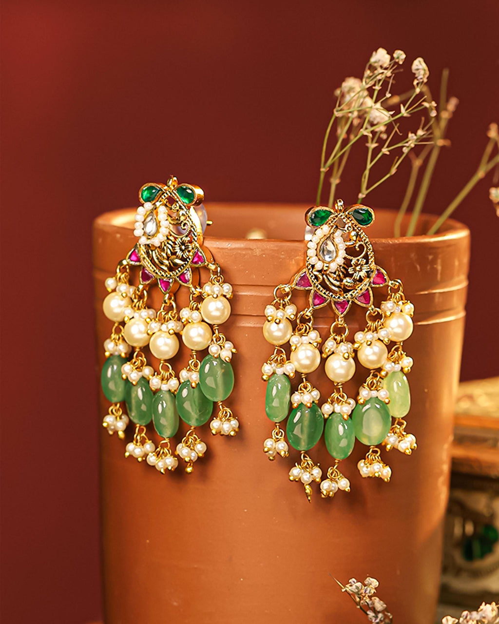 Handcrafted Pearl Meenakari Choker Set, Emerald Green Indian Bridal Jewelry