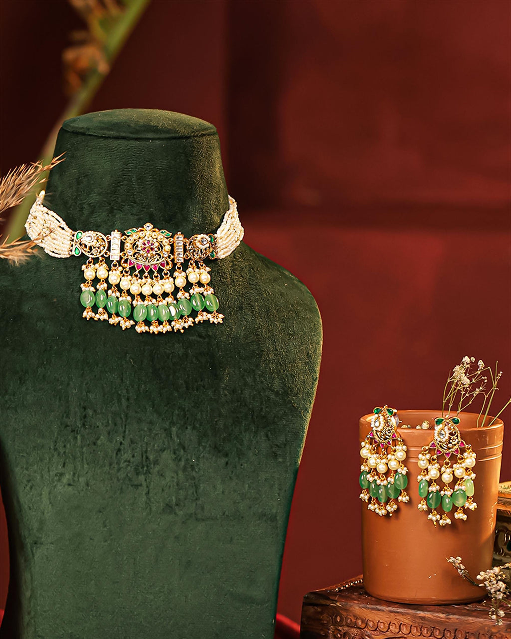 Handcrafted Pearl Meenakari Choker Set, Emerald Green Indian Bridal Jewelry