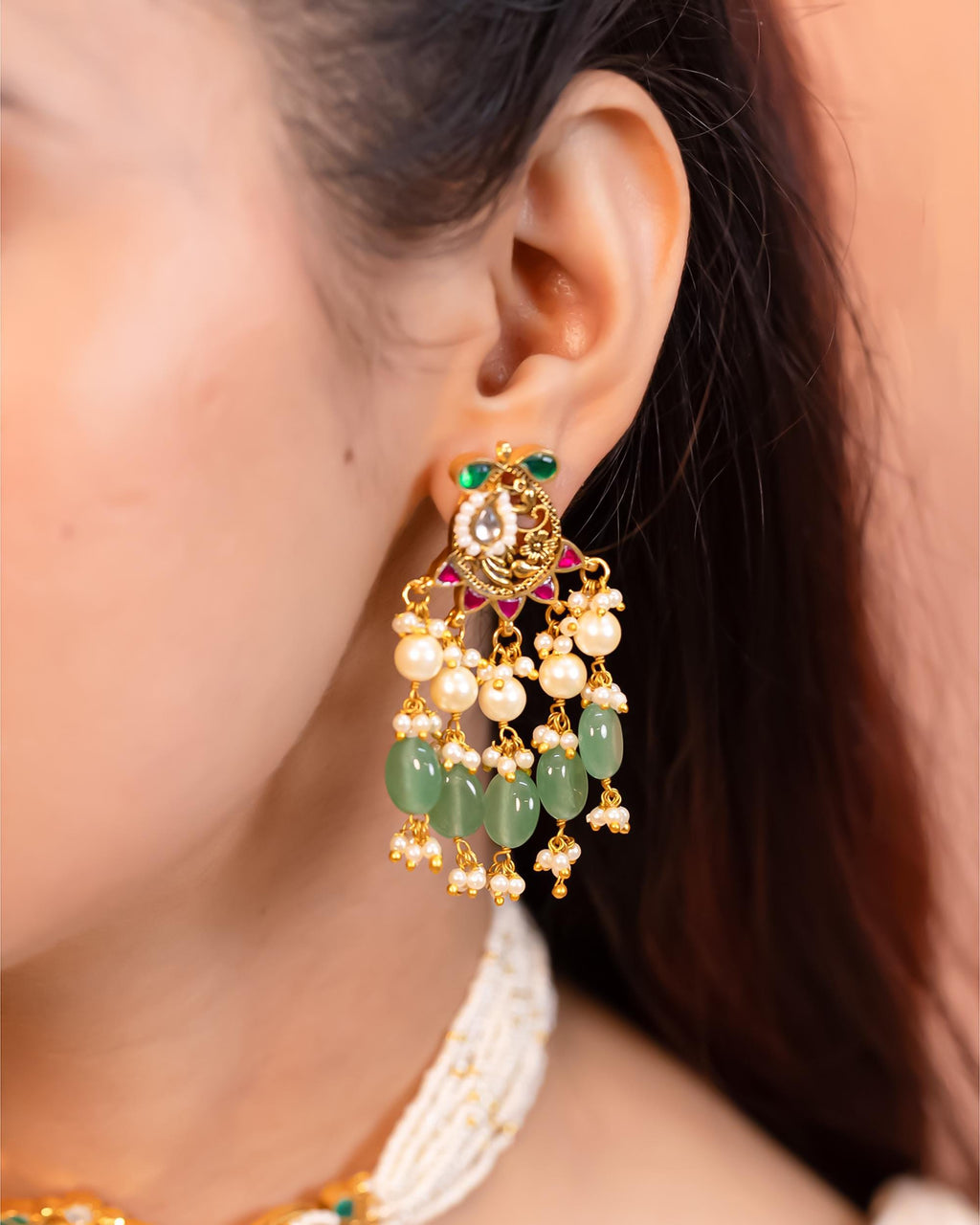 Handcrafted Pearl Meenakari Choker Set, Emerald Green Indian Bridal Jewelry
