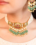 Handcrafted Pearl Meenakari Choker Set, Emerald Green Indian Bridal Jewelry