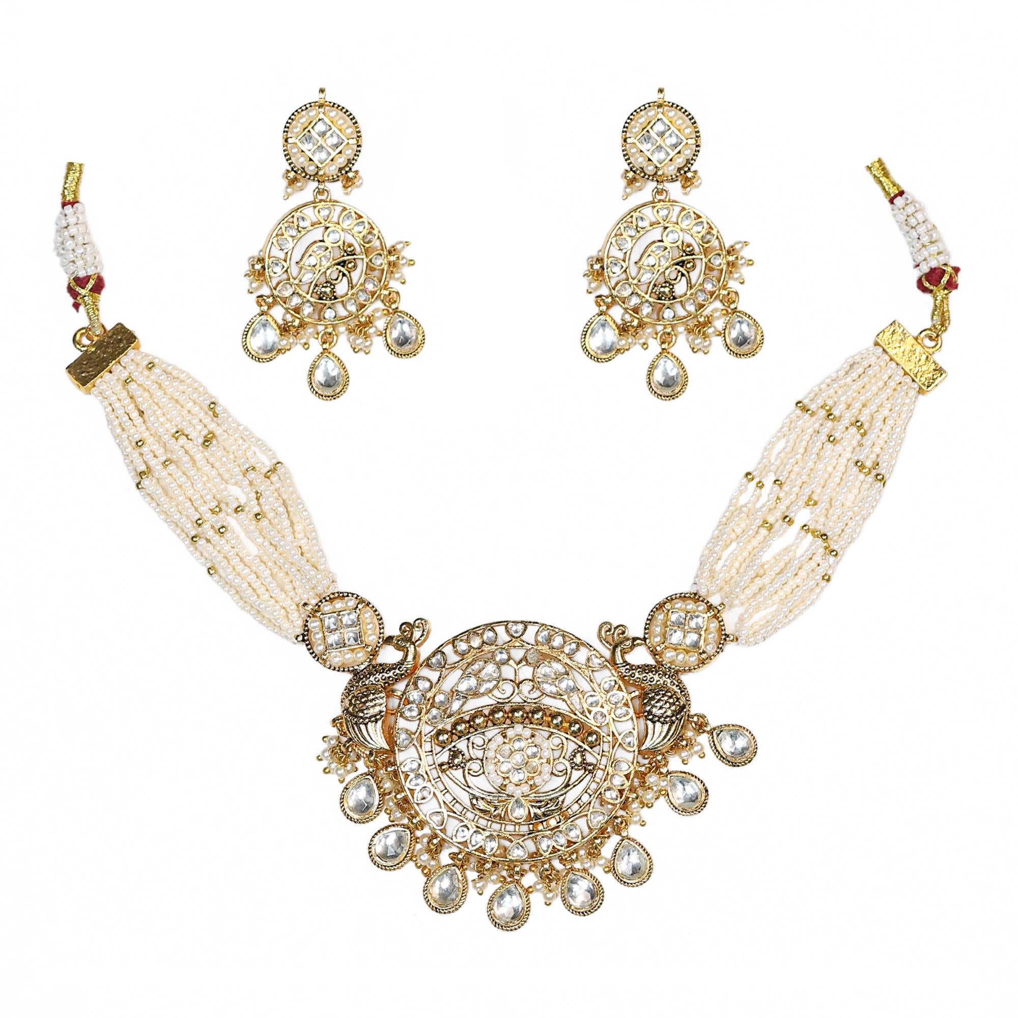 Kundan Pearl Necklace Set | Peacock Bridal Jewelry, Antique Gold Ethnic Necklace