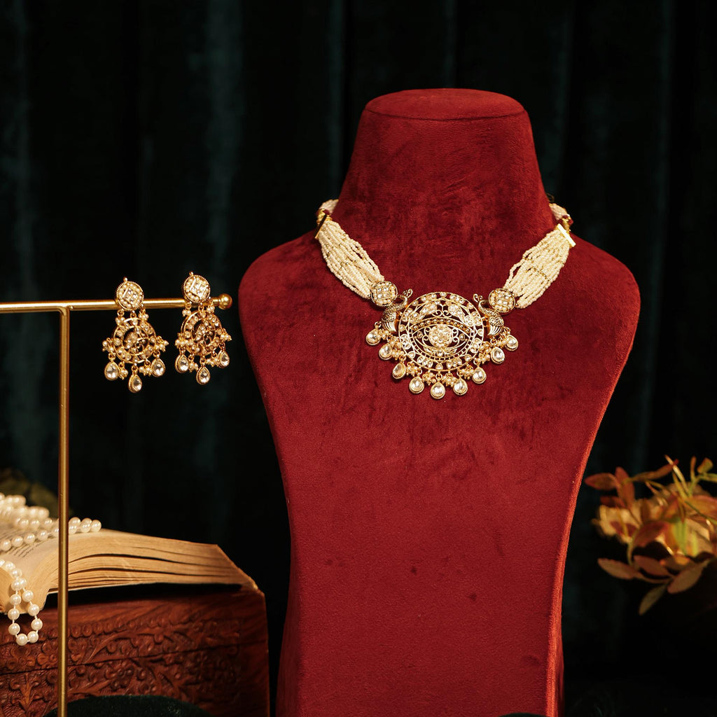 Kundan Pearl Necklace Set | Peacock Bridal Jewelry, Antique Gold Ethnic Necklace