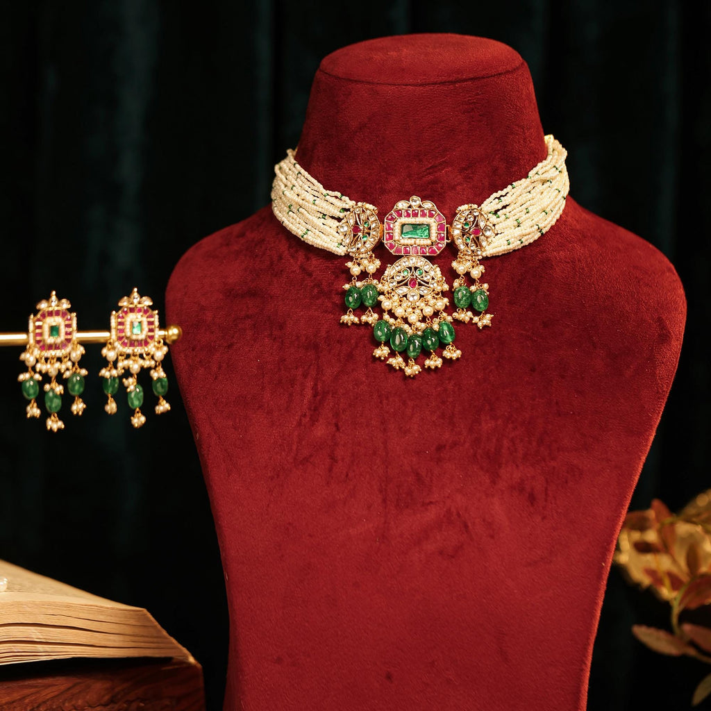 Indian Kundan Choker Necklace Set, Green Stone Pearl Necklace, Bridal Jewelry Set, Meenakari Jadau Necklace, Wedding Choker, Festive Ethnic