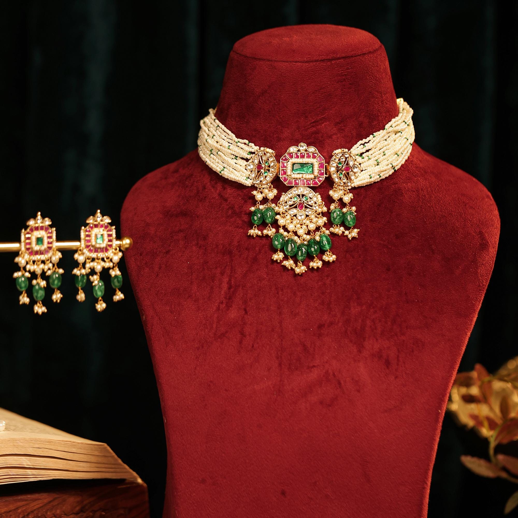 Indian Kundan Choker Necklace Set, Green Stone Pearl Necklace, Bridal Jewelry Set, Meenakari Jadau Necklace, Wedding Choker, Festive Ethnic