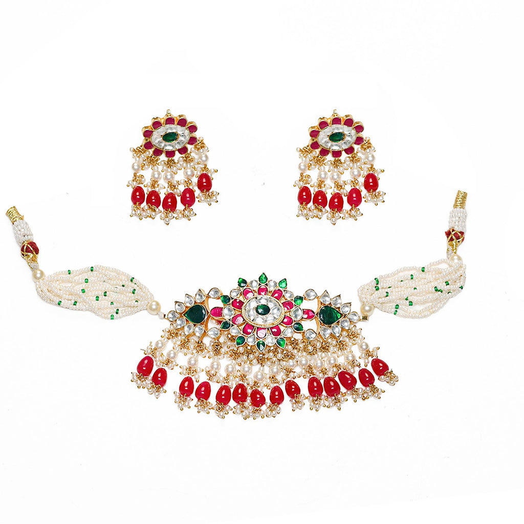 Handcrafted Pearl Meenakari Necklace Set, Emerald Green Choker, Antique Gold Bridal Jewelry
