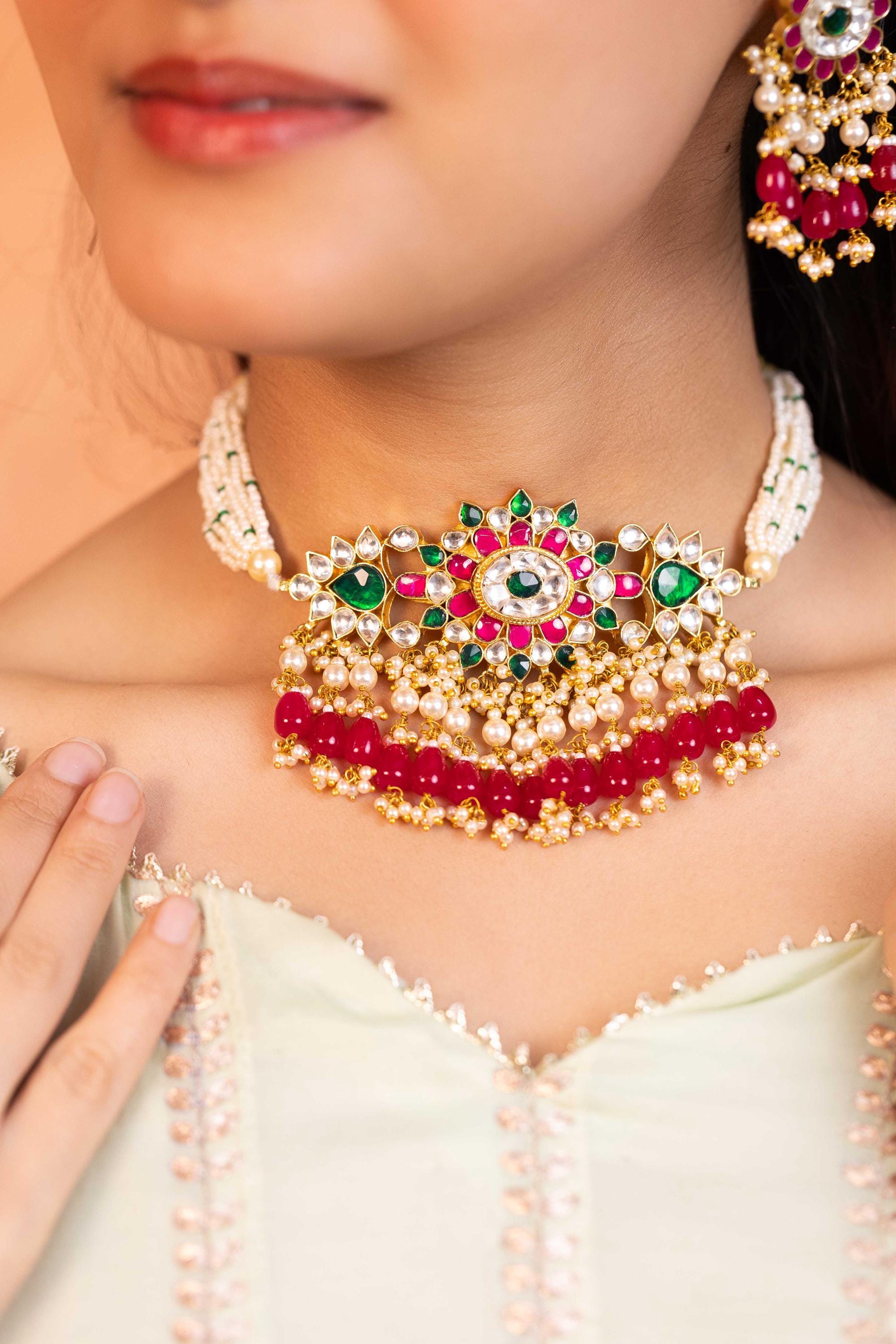 Handcrafted Pearl Meenakari Necklace Set, Emerald Green Choker, Antique Gold Bridal Jewelry