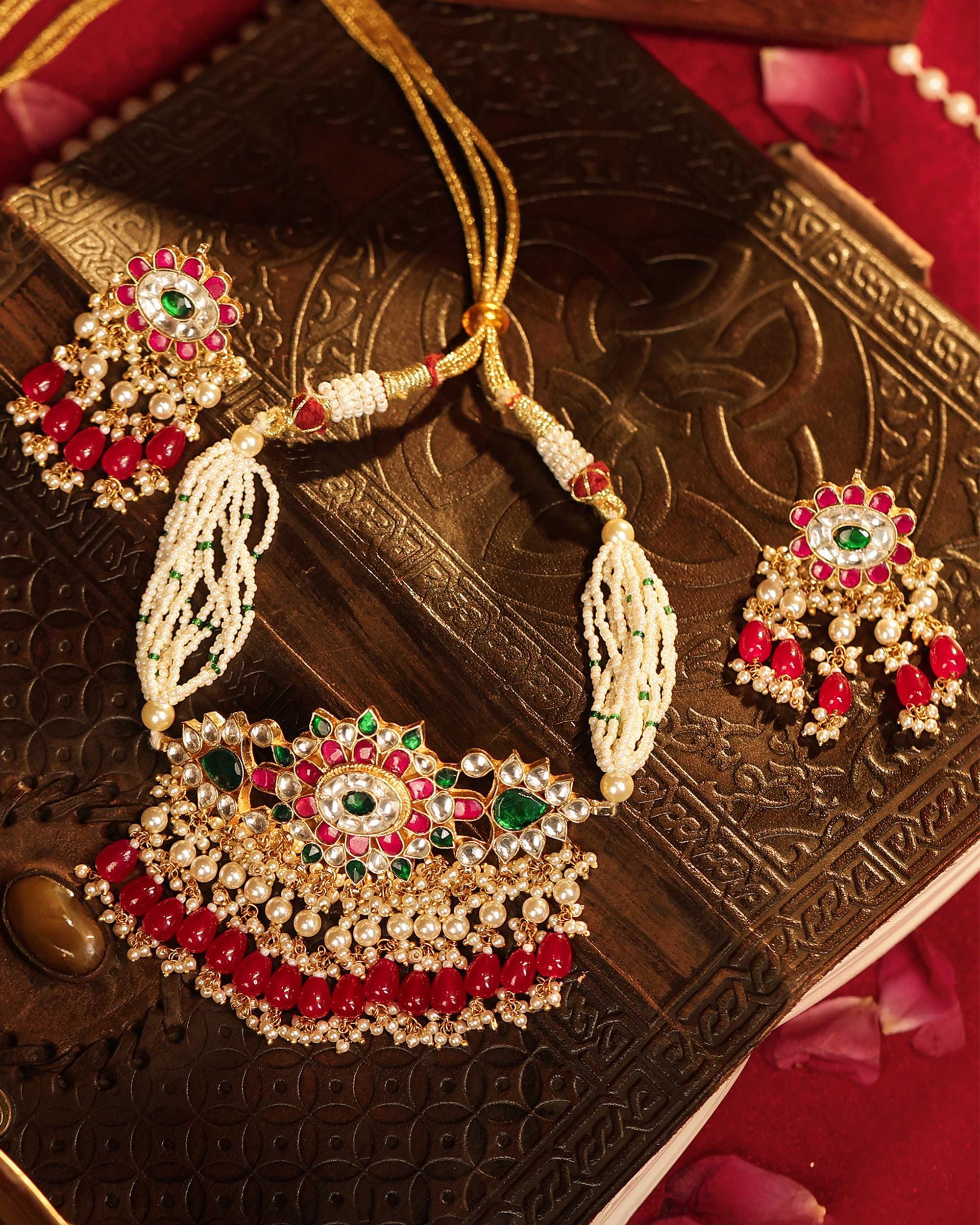 Handcrafted Pearl Meenakari Necklace Set, Emerald Green Choker, Antique Gold Bridal Jewelry