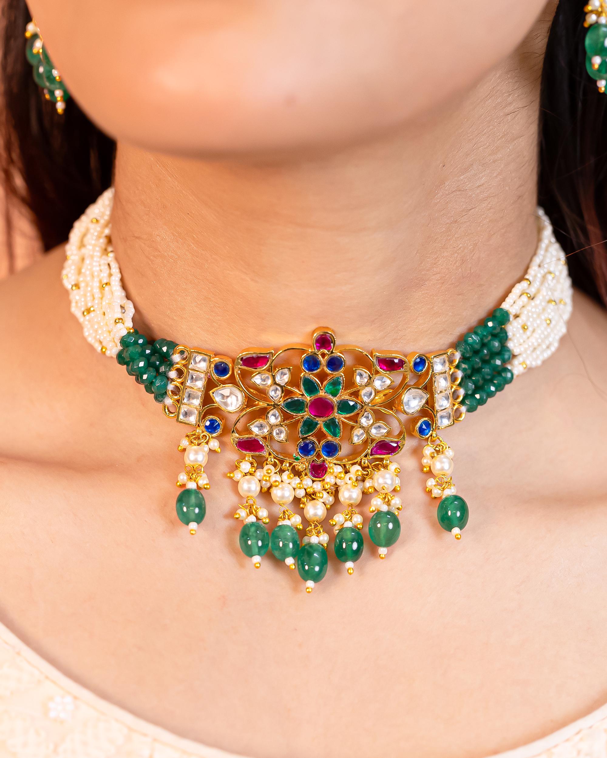 Handcrafted Pearl Meenakari Choker Set, Multi-Color Enamel Bridal Jewelry
