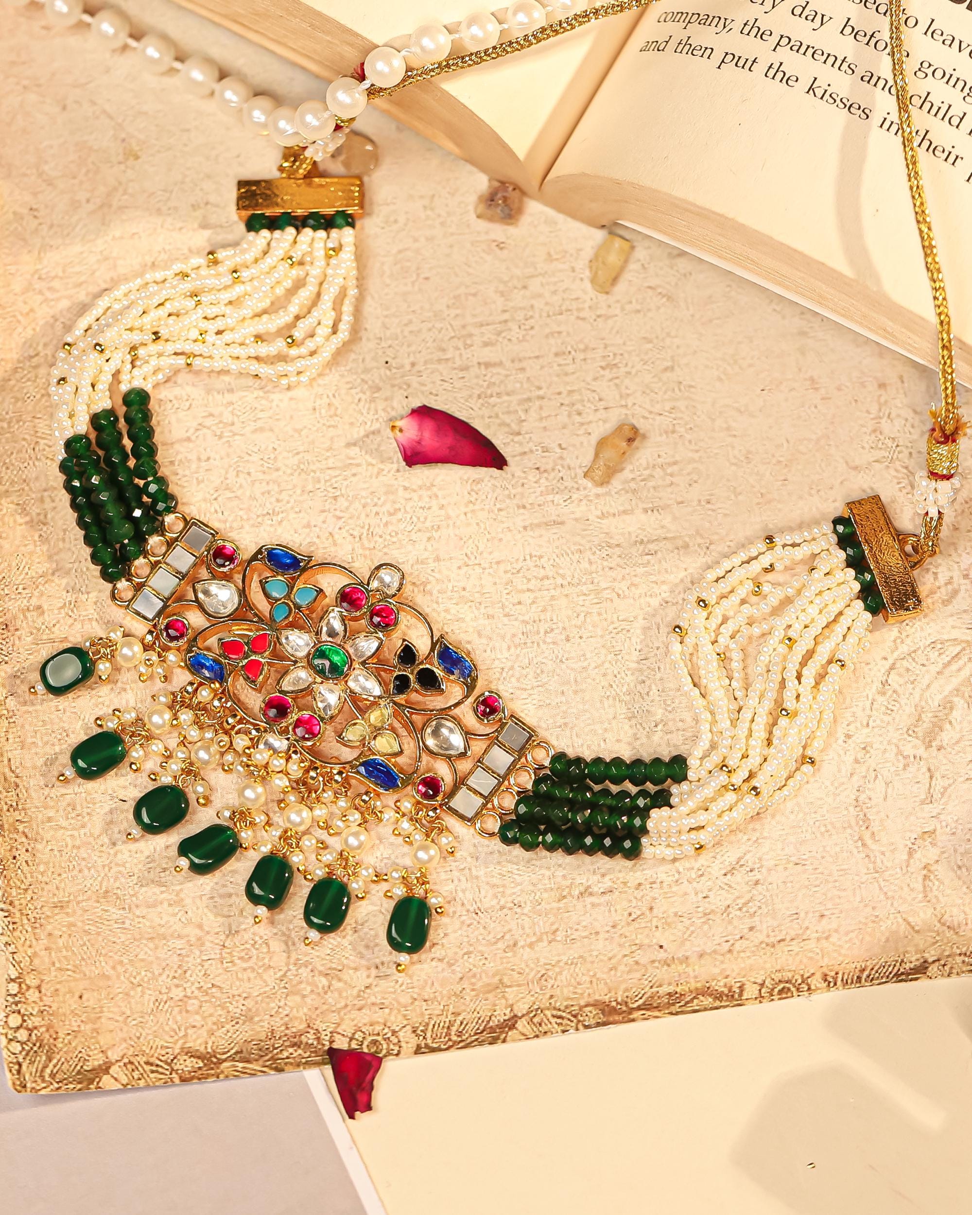 Handcrafted Pearl Meenakari Choker Set, Multi-Color Enamel Bridal Jewelry